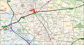 約25000分の1の縮尺で渋谷区付近の道路地図を表示