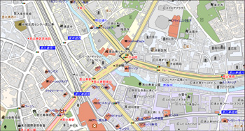 建物形状が含まれる約2500分の1の縮尺で渋谷区付近を表示